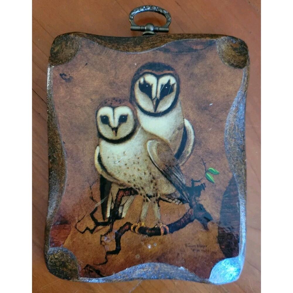 Vntg 70s OWLS Decoupage PICTURE WOOD WALL ART PLAQUE Small Cottagecore